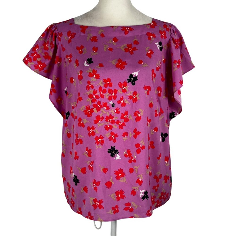 Ann Taylor Square Neck FLutter Sleeve Lavendar & Red Floral Blouse Size M